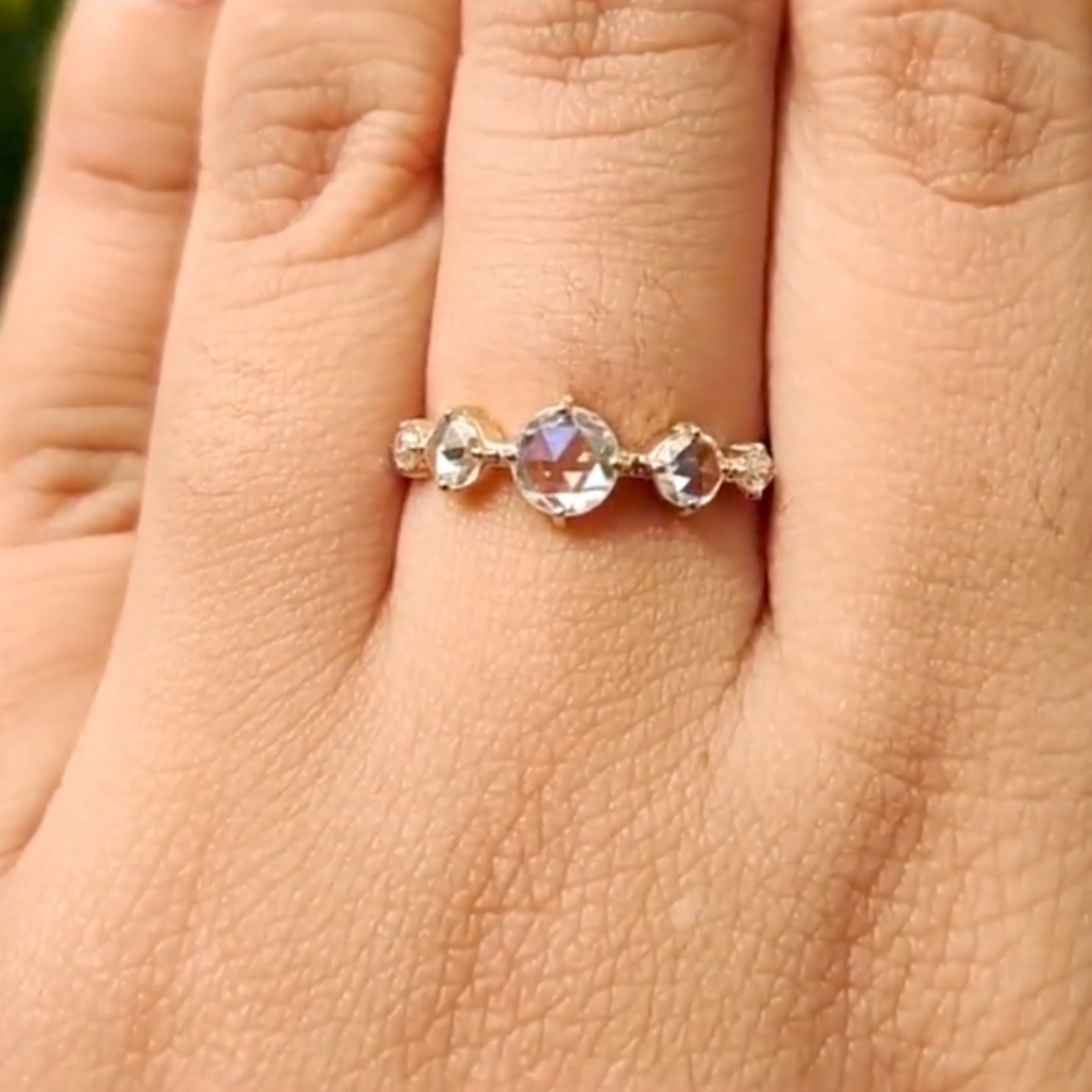 Round Rose Cut Five Stone Moissanite Ring .91 TCW Sterling Silver Ring Size 8.5